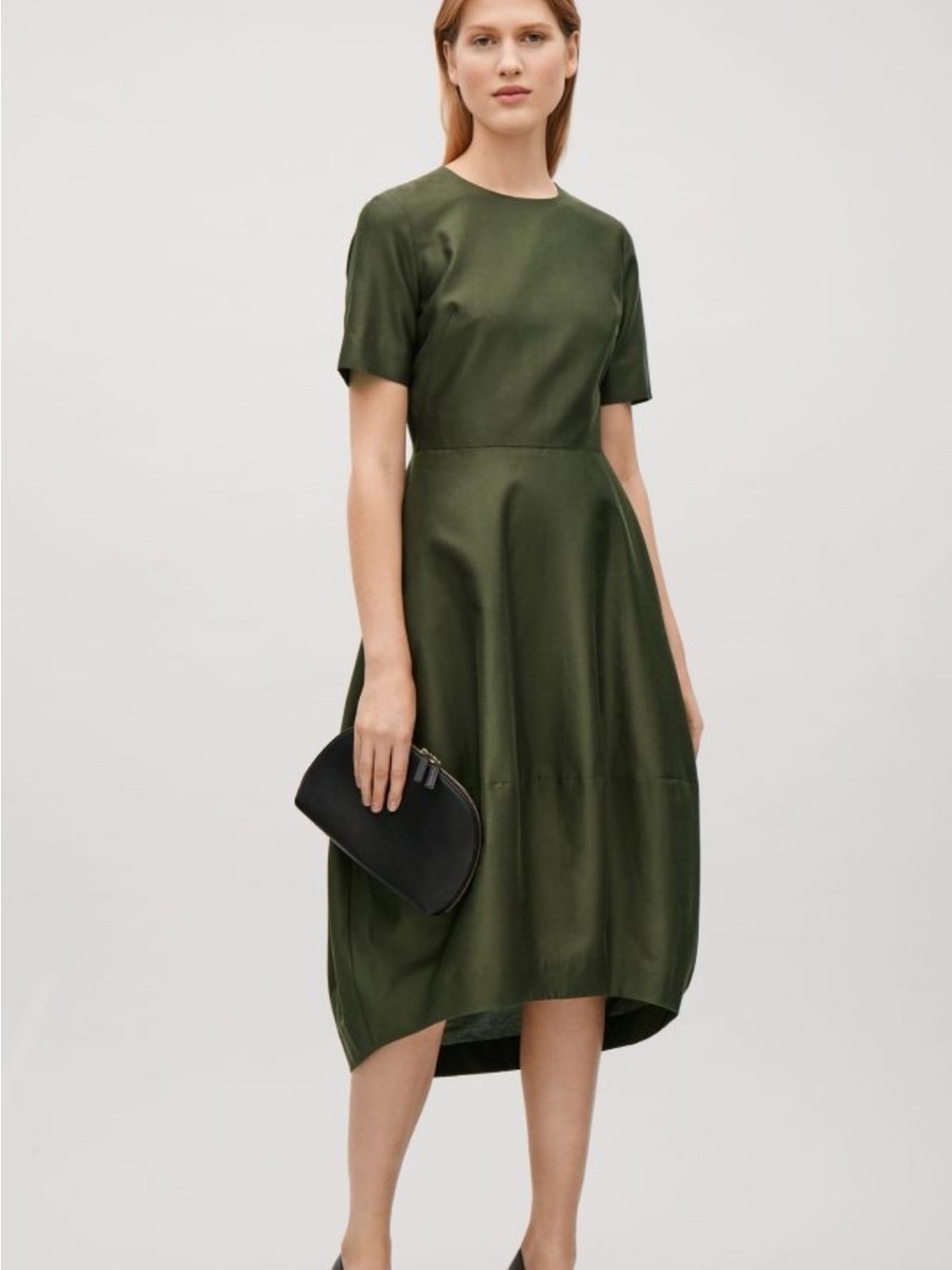 NWT COS Classic Olive Green Tulip/Bubble Short Sleeve Cotton/Silk Dress